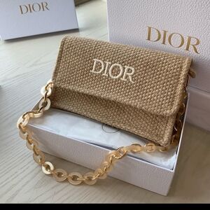 Dior Tan Textured Clutch with Gold Chain